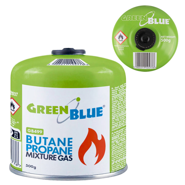 GreenBlue gaspatron, 500 g. Certifikat: Pi 0437, overholder EN 417, butan-propan, anvendelsestemperatur -10 °C til +40 °C, gevindventil 7/16'' GB499