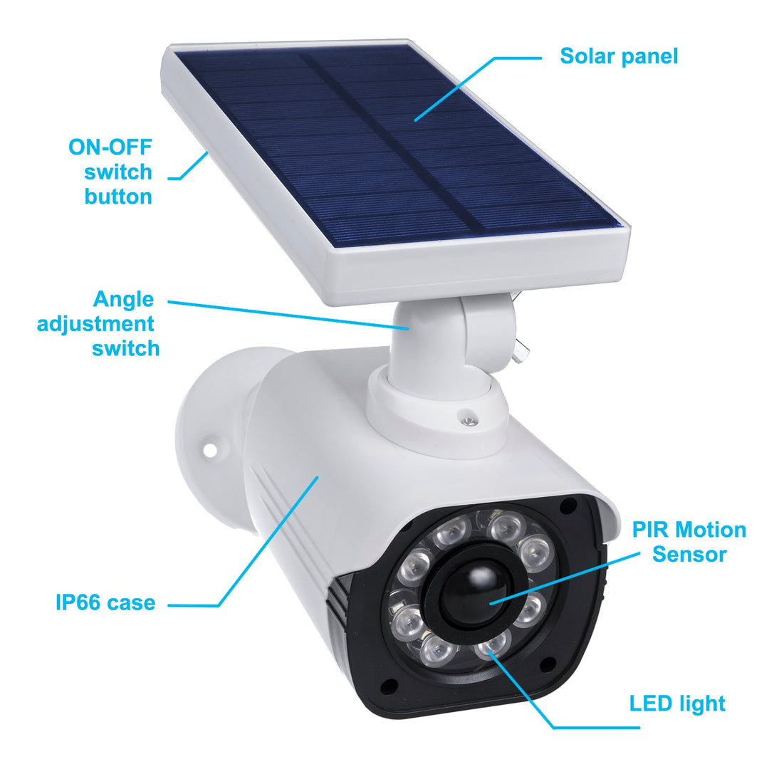 Solardumperkamera, blinkende diode, bevægelsessensor, LED-belysning, gratis klistermærke, SOL1800S, 2 stk.