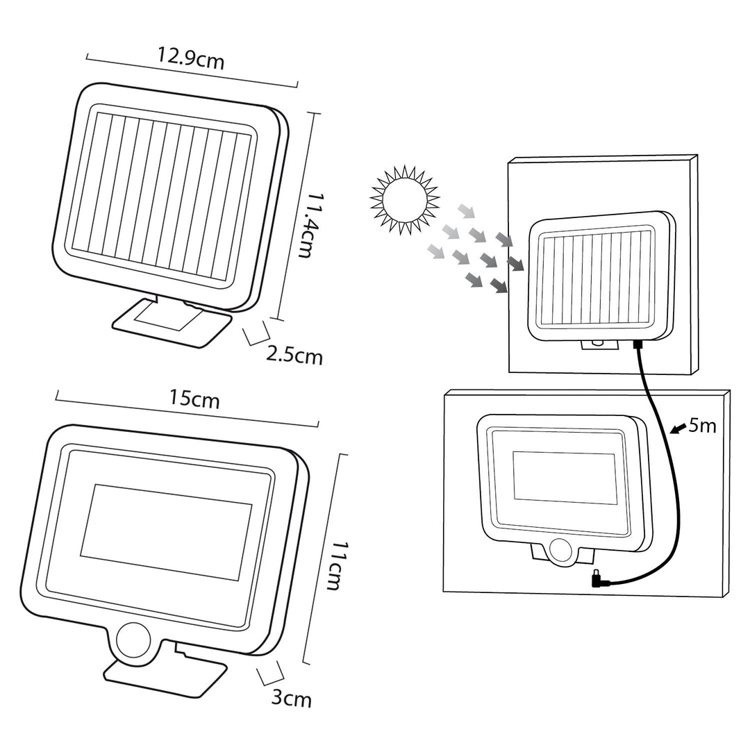 Solar LED-projektør med bevægelsessensor Maclean, IP44, 5W, 400lm, 6000K, lithiumbatteri 1300 mAh, 5,5V DC MCE438, 2 stk.