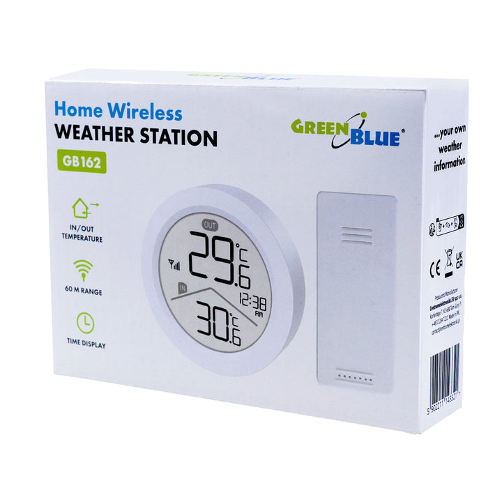 GreenBlue trådløs vejrstation, IN/OUT-temperatur, ur, valg mellem °C / °F, rækkevidde op til 60 m, GB162, 4x AAA-batteri