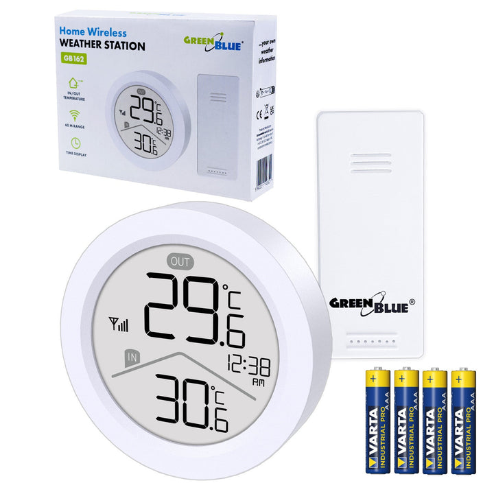 GreenBlue trådløs vejrstation, IN/OUT-temperatur, ur, valg mellem °C / °F, rækkevidde op til 60 m, GB162, 4x AAA-batteri