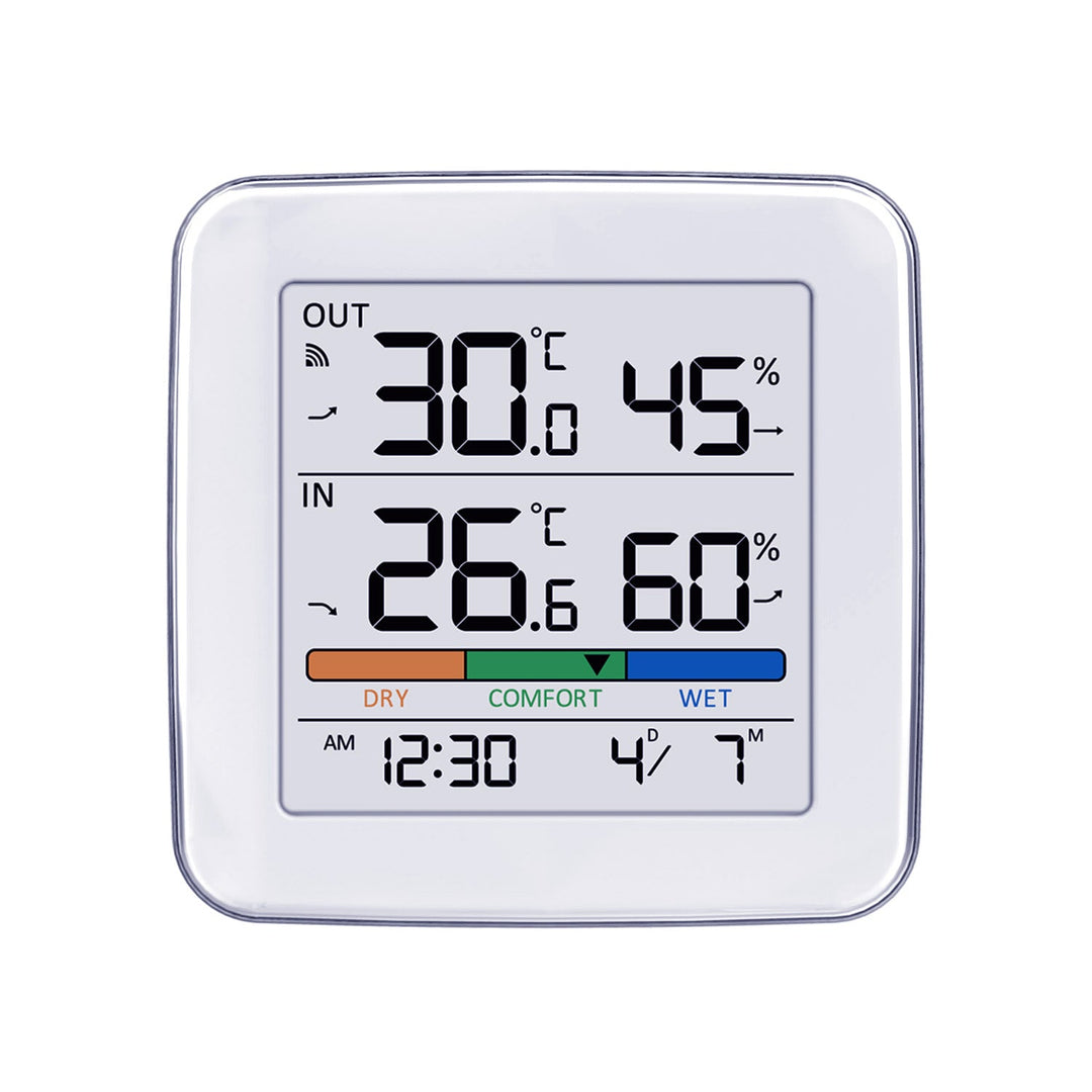 GreenBlue trådløs vejrstation, temperatur + fugtighed IN/OUT, ur + alarm + dato, valg mellem °C / °F, rækkevidde op til 60 m, GB169, 4x AAA-batteri