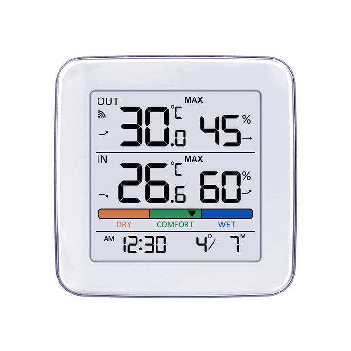 GreenBlue trådløs vejrstation, temperatur + fugtighed IN/OUT, ur + alarm + dato, valg mellem °C / °F, rækkevidde op til 60 m, GB169, 4x AAA-batteri