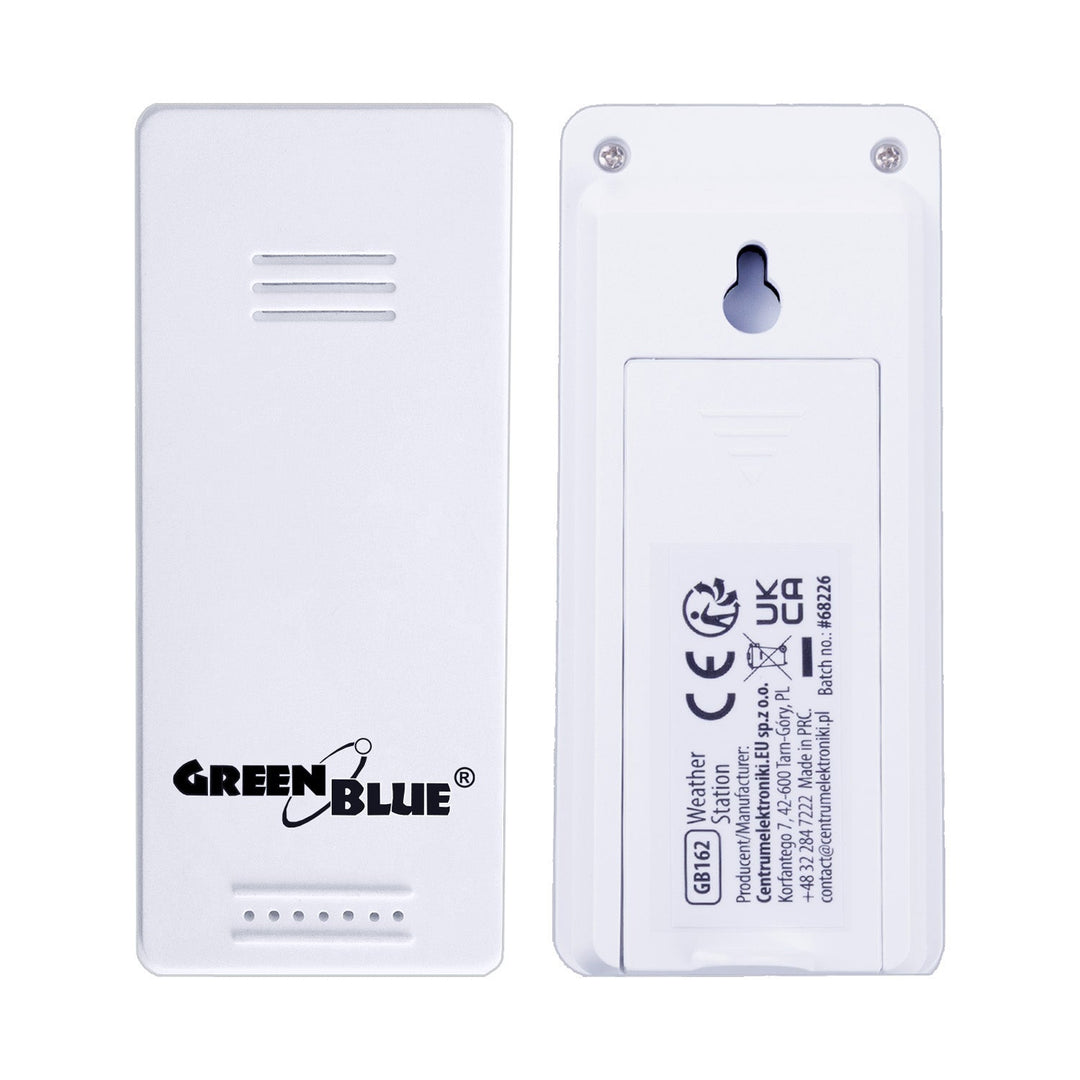 GreenBlue trådløs vejrstation, temperatur + fugtighed IN/OUT, ur + alarm + dato, valg mellem °C / °F, rækkevidde op til 60 m, GB169, 4x AAA-batteri