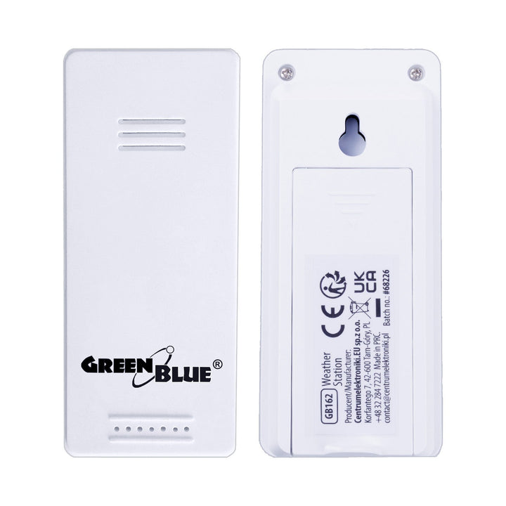 GreenBlue trådløs vejrstation, temperatur + fugtighed IN/OUT, ur + alarm + dato, valg mellem °C / °F, rækkevidde op til 60 m, GB169, 4x AAA-batteri