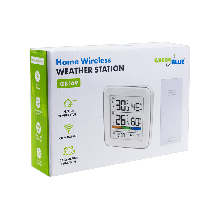 GreenBlue trådløs vejrstation, temperatur + fugtighed IN/OUT, ur + alarm + dato, valg mellem °C / °F, rækkevidde op til 60 m, GB169, 4x AAA-batteri
