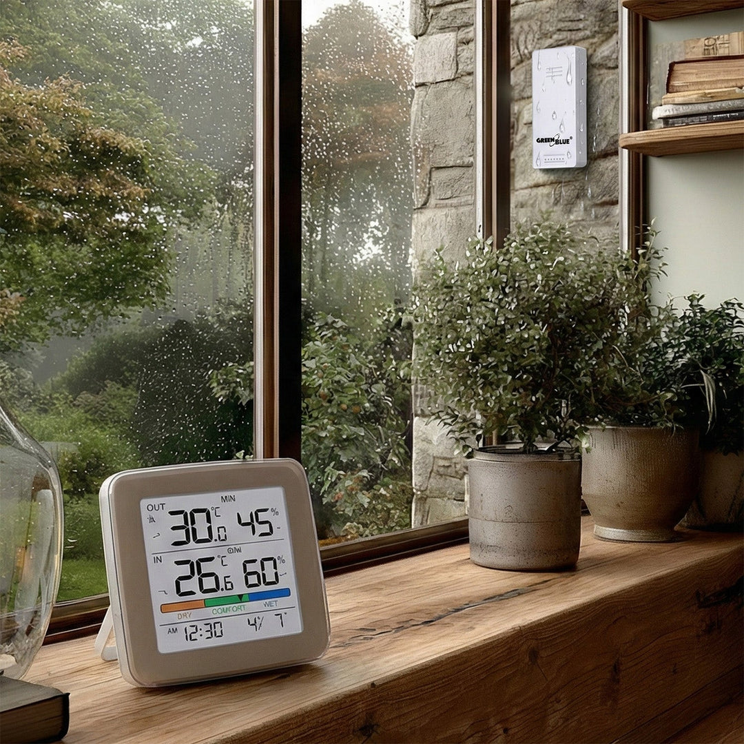 GreenBlue trådløs vejrstation, temperatur + fugtighed IN/OUT, ur + alarm + dato, valg mellem °C / °F, rækkevidde op til 60 m, GB169, 4x AAA-batteri