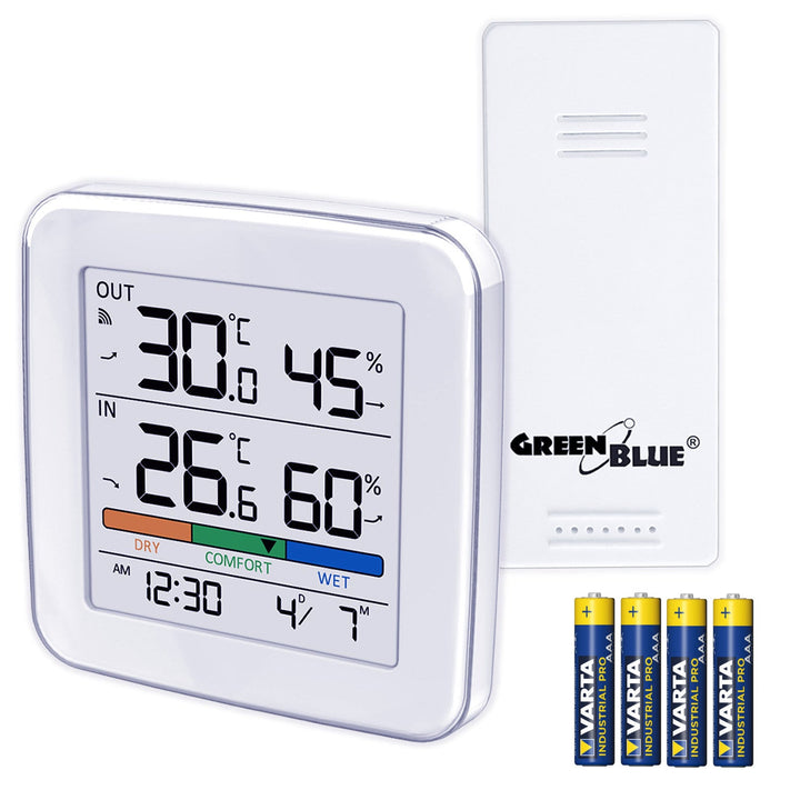 GreenBlue trådløs vejrstation, temperatur + fugtighed IN/OUT, ur + alarm + dato, valg mellem °C / °F, rækkevidde op til 60 m, GB169, 4x AAA-batteri
