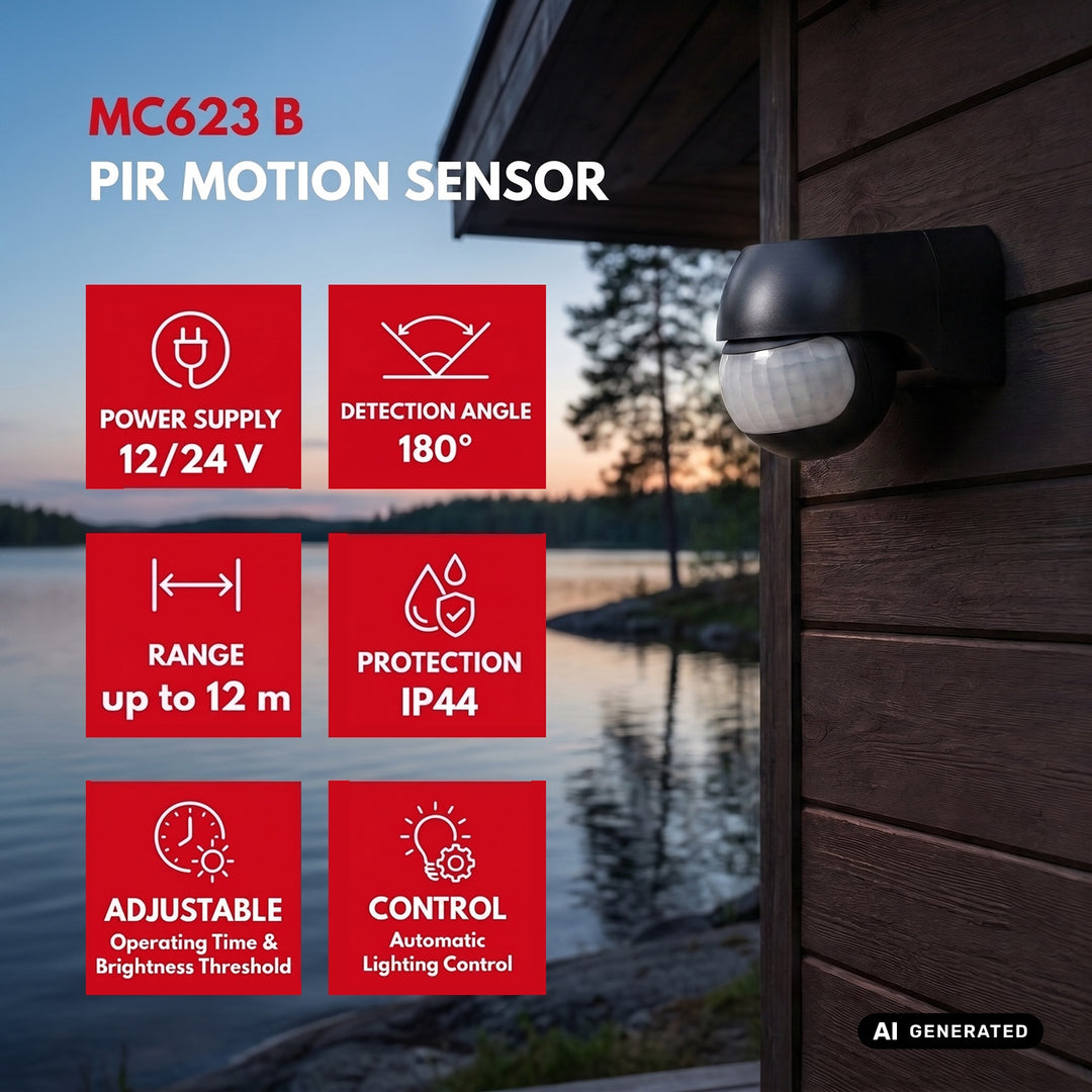 Maclean PIR-bevægelsessensor 12–24 V, infrarød, IP44, sort, rækkevidde 12 m, maks. belastning 60/120 W, MCE623 B