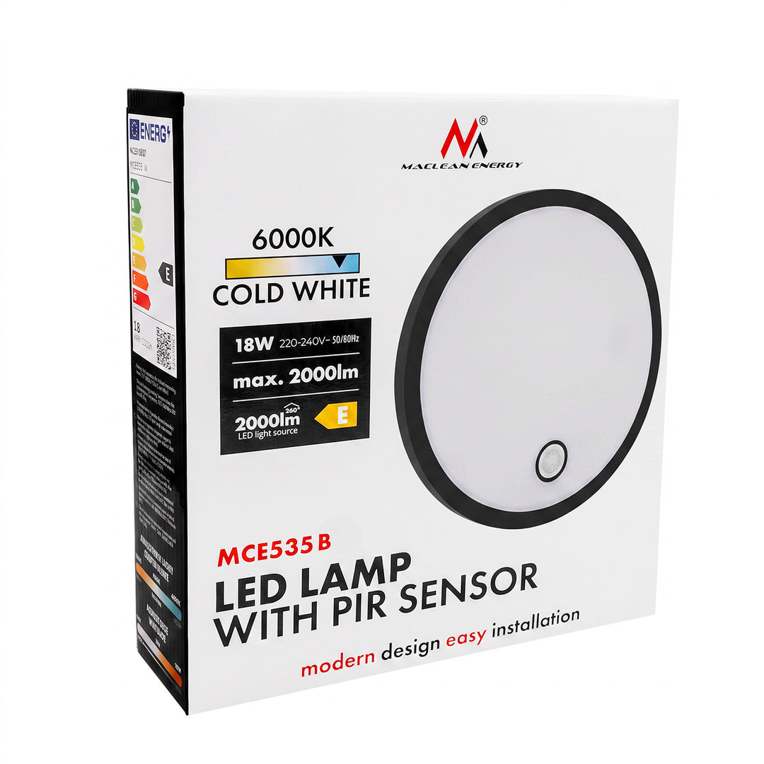 Maclean LED-lampe med bevægelsessensor, PIR-sensor, sort, 10 W/15 W/18 W, IP65, farveindstilling 3000/4000/6000 K, MCE535 B
