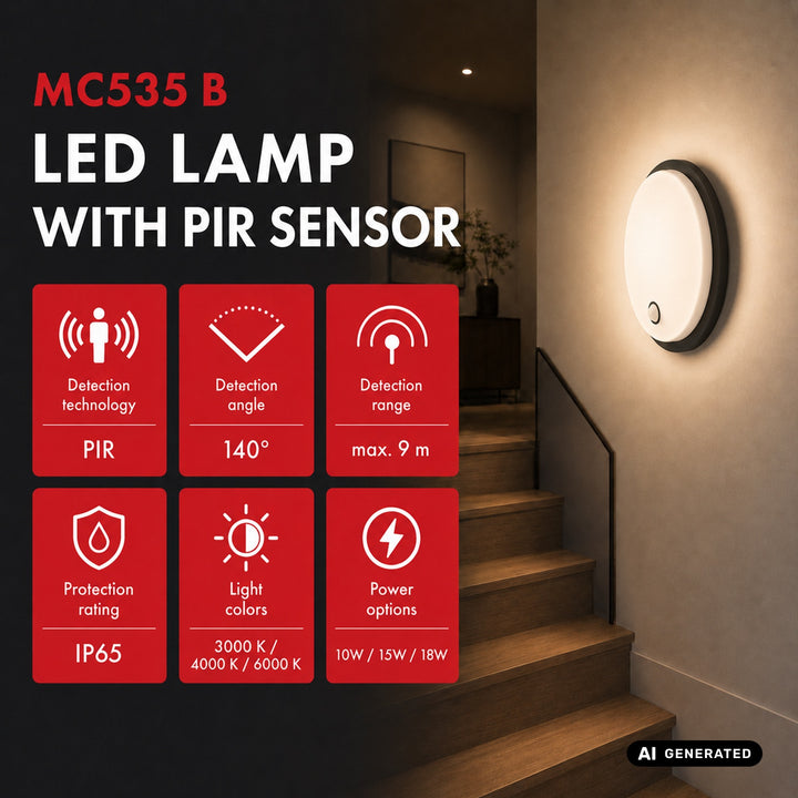 Maclean LED-lampe med bevægelsessensor, PIR-sensor, sort, 10 W/15 W/18 W, IP65, farveindstilling 3000/4000/6000 K, MCE535 B