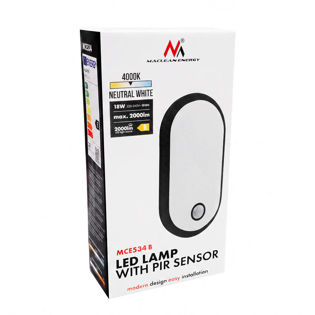 Maclean LED-lampe med bevægelsessensor, PIR-sensor, sort, 10 W/15/18 W, IP65, mulighed for at skifte farvetemperatur mellem 3000/4000/6000 K, MCE534 B