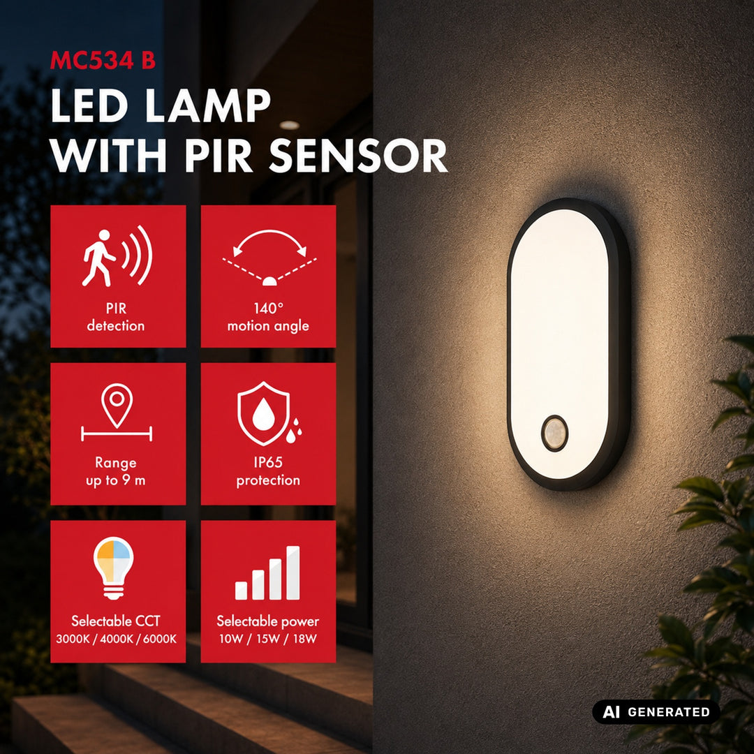 Maclean LED-lampe med bevægelsessensor, PIR-sensor, sort, 10 W/15/18 W, IP65, mulighed for at skifte farvetemperatur mellem 3000/4000/6000 K, MCE534 B