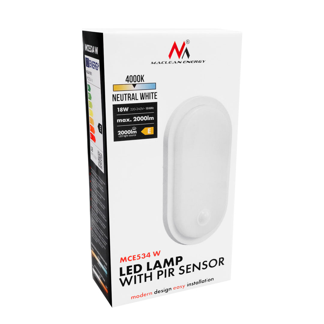Maclean LED-lampe med bevægelsessensor, PIR-sensor, hvid, 10 W/15/18 W, IP65, farveindstilling 3000/4000/6000 K, MCE534 W