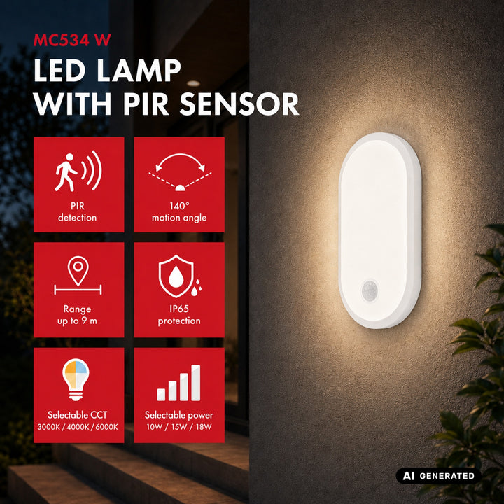 Maclean LED-lampe med bevægelsessensor, PIR-sensor, hvid, 10 W/15/18 W, IP65, farveindstilling 3000/4000/6000 K, MCE534 W