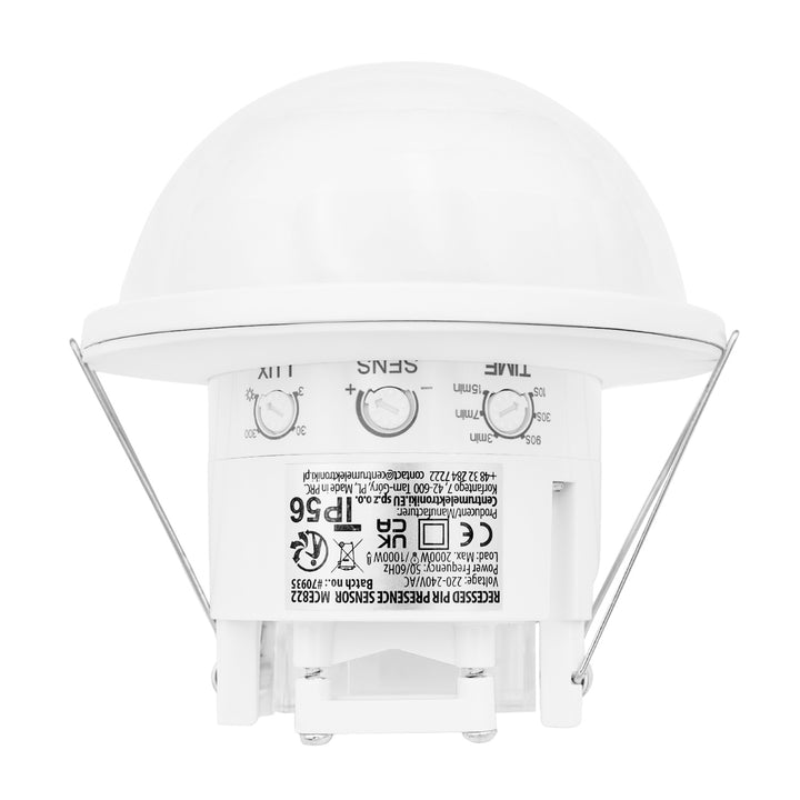 Maclean PIR-tilstedeværelsessensor, indbygget, rækkevidde 10x40 m, 1000 W/2000 W, 220–240 V AC, 50/60 Hz, IP54, MCE822