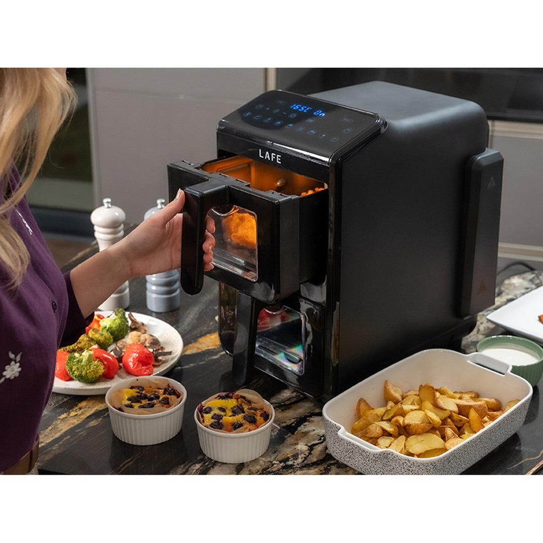 LAFE fedtfri frituregryde, air fryer, 2 kamre 5 L, effekt 2460 W, LCD-display, Dual Fry