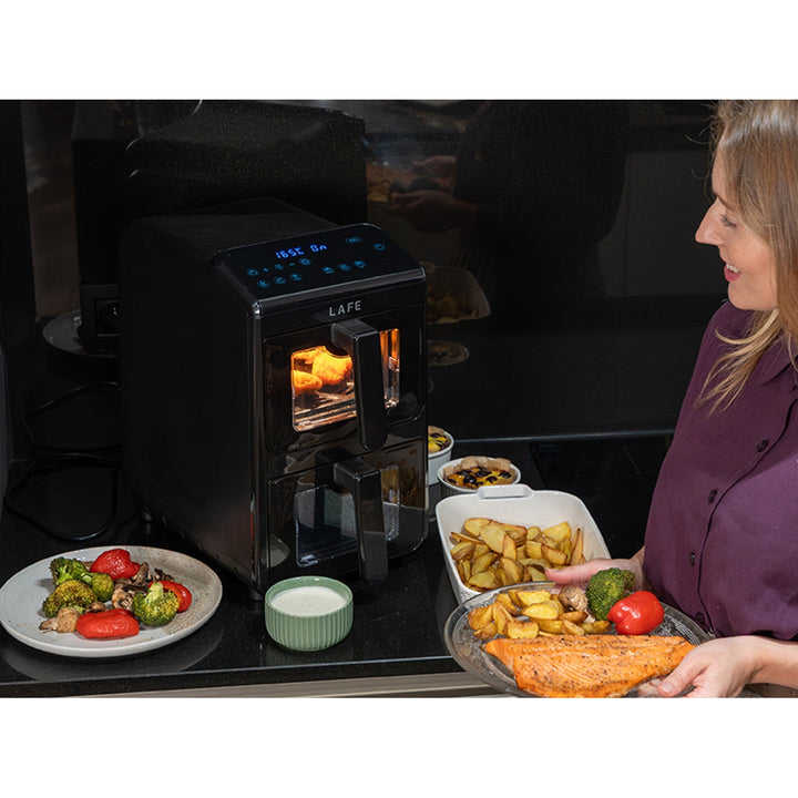LAFE fedtfri frituregryde, air fryer, 2 kamre 5 L, effekt 2460 W, LCD-display, Dual Fry