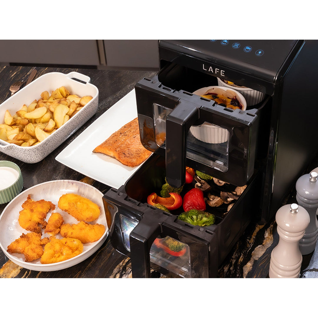 LAFE fedtfri frituregryde, air fryer, 2 kamre 5 L, effekt 2460 W, LCD-display, Dual Fry