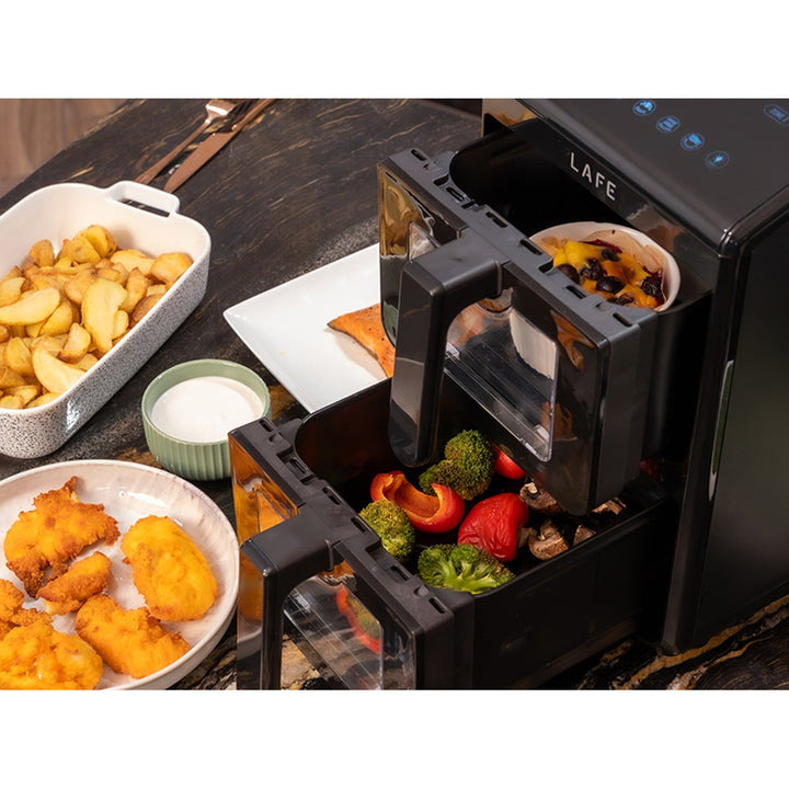 LAFE fedtfri frituregryde, air fryer, 2 kamre 5 L, effekt 2460 W, LCD-display, Dual Fry