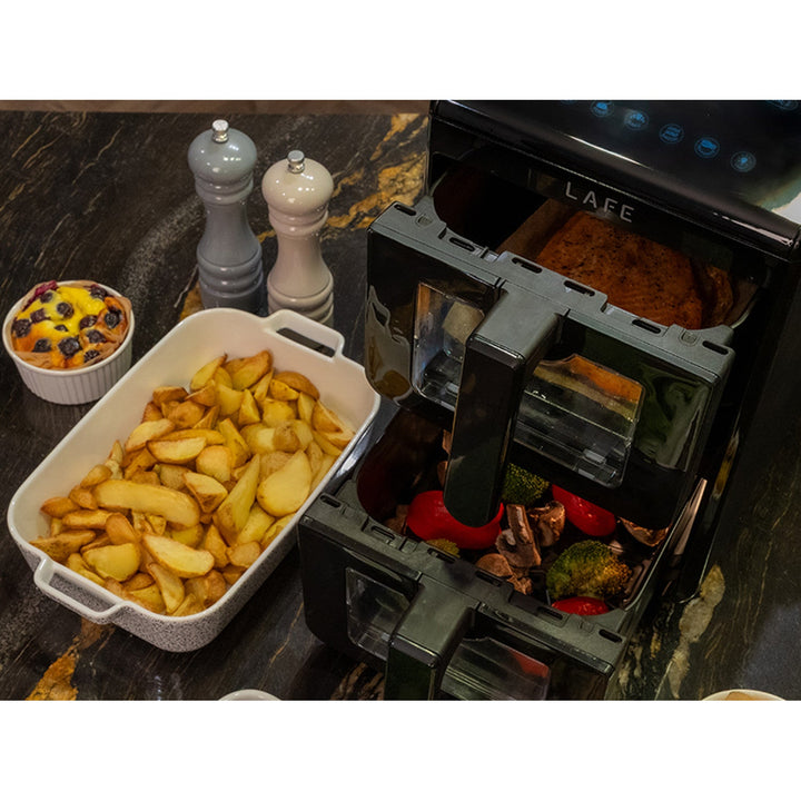 LAFE fedtfri frituregryde, air fryer, 2 kamre 5 L, effekt 2460 W, LCD-display, Dual Fry