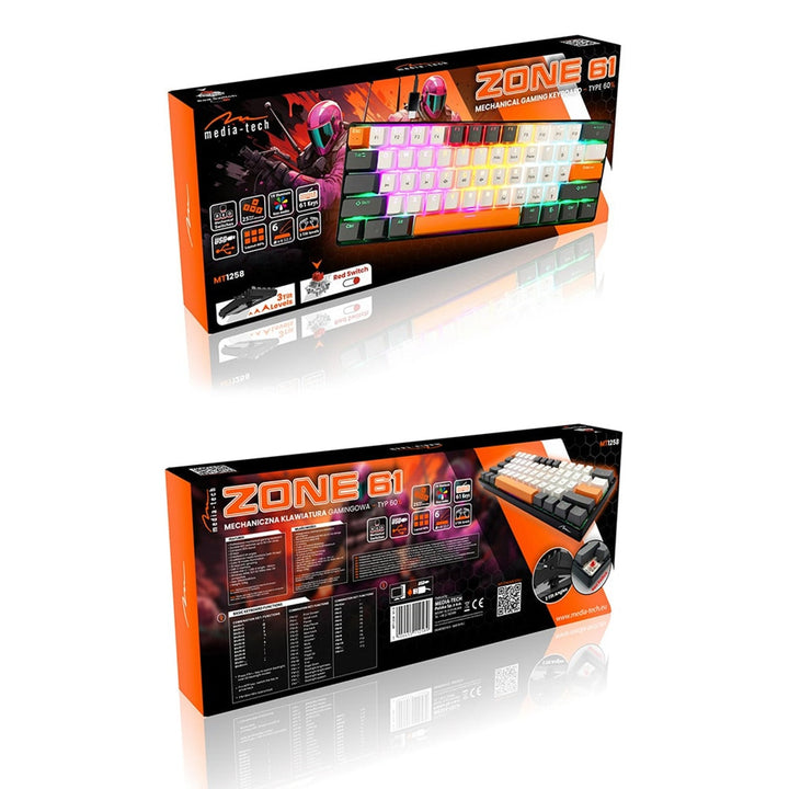 ZONE 61 - Gaming-tastatur, mekanisk, kort 60 %, mekaniske silent RED-kontakter, farvet baggrundsbelysning, 61 taster, USB-C, Mediatech