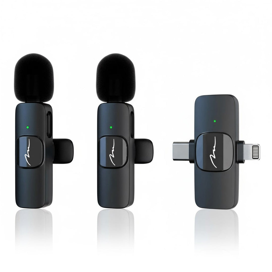 MICRO-MIC DUO – 2x trådløs mikrofon til slipset (sæt), med klips, iOS & Android (OTG), mini, superfølsom. USB-C & LIGHTNING, Mediatech