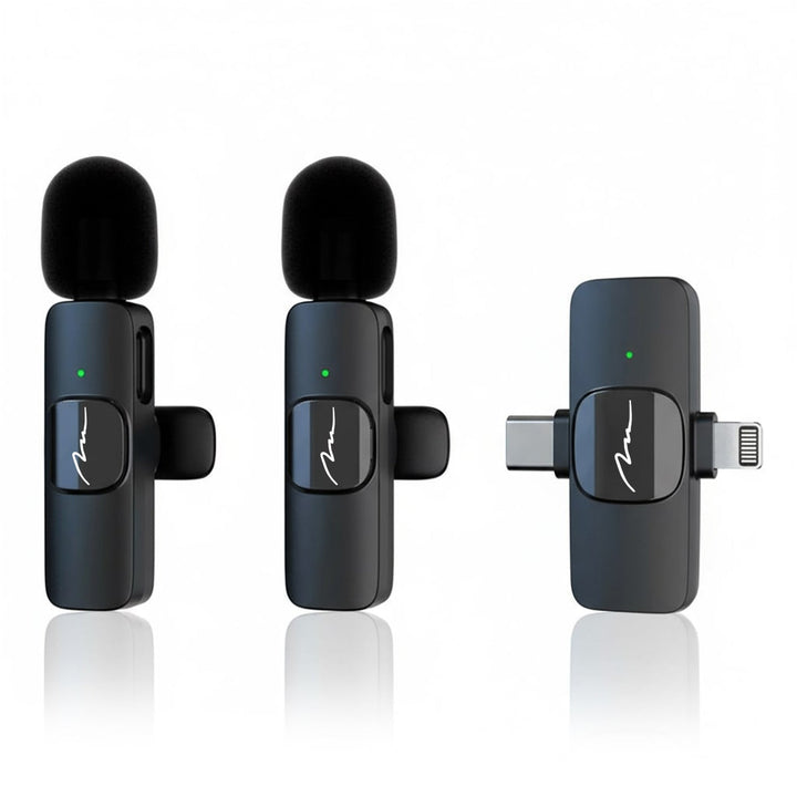 MICRO-MIC DUO – 2x trådløs mikrofon til slipset (sæt), med klips, iOS & Android (OTG), mini, superfølsom. USB-C & LIGHTNING, Mediatech