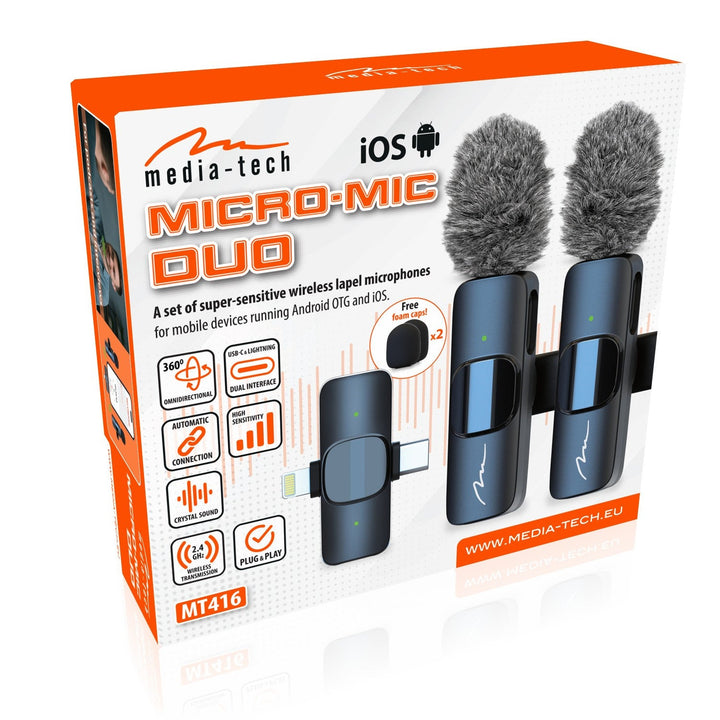 MICRO-MIC DUO – 2x trådløs mikrofon til slipset (sæt), med klips, iOS & Android (OTG), mini, superfølsom. USB-C & LIGHTNING, Mediatech