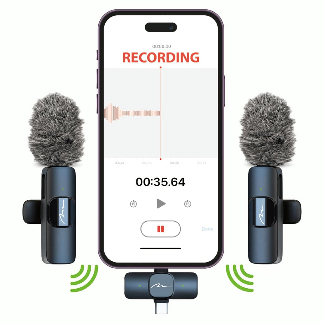 MICRO-MIC DUO – 2x trådløs mikrofon til slipset (sæt), med klips, iOS & Android (OTG), mini, superfølsom. USB-C & LIGHTNING, Mediatech