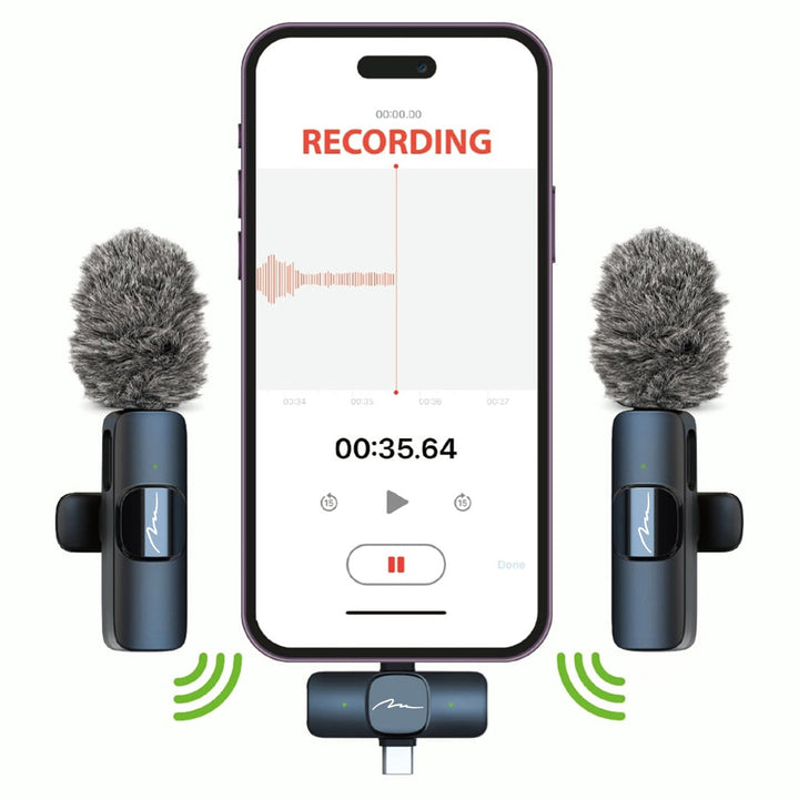 MICRO-MIC DUO – 2x trådløs mikrofon til slipset (sæt), med klips, iOS & Android (OTG), mini, superfølsom. USB-C & LIGHTNING, Mediatech