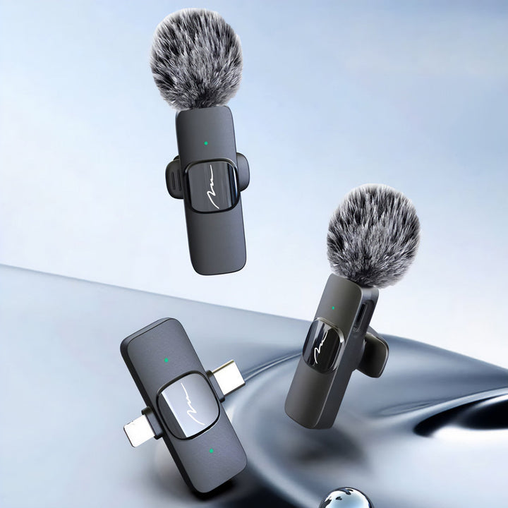 MICRO-MIC DUO – 2x trådløs mikrofon til slipset (sæt), med klips, iOS & Android (OTG), mini, superfølsom. USB-C & LIGHTNING, Mediatech