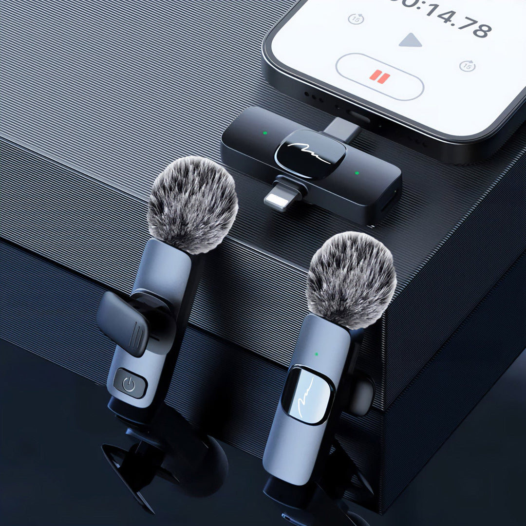 MICRO-MIC DUO – 2x trådløs mikrofon til slipset (sæt), med klips, iOS & Android (OTG), mini, superfølsom. USB-C & LIGHTNING, Mediatech