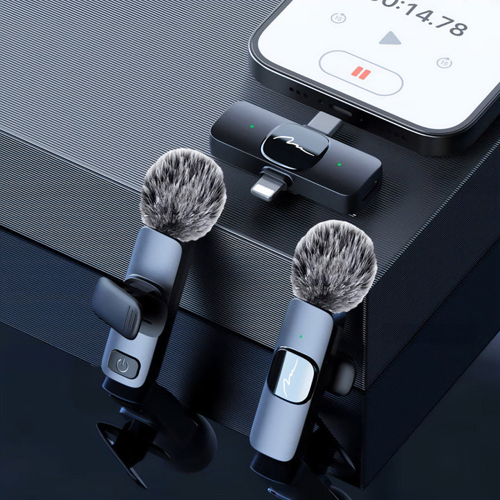 MICRO-MIC DUO – 2x trådløs mikrofon til slipset (sæt), med klips, iOS & Android (OTG), mini, superfølsom. USB-C & LIGHTNING, Mediatech