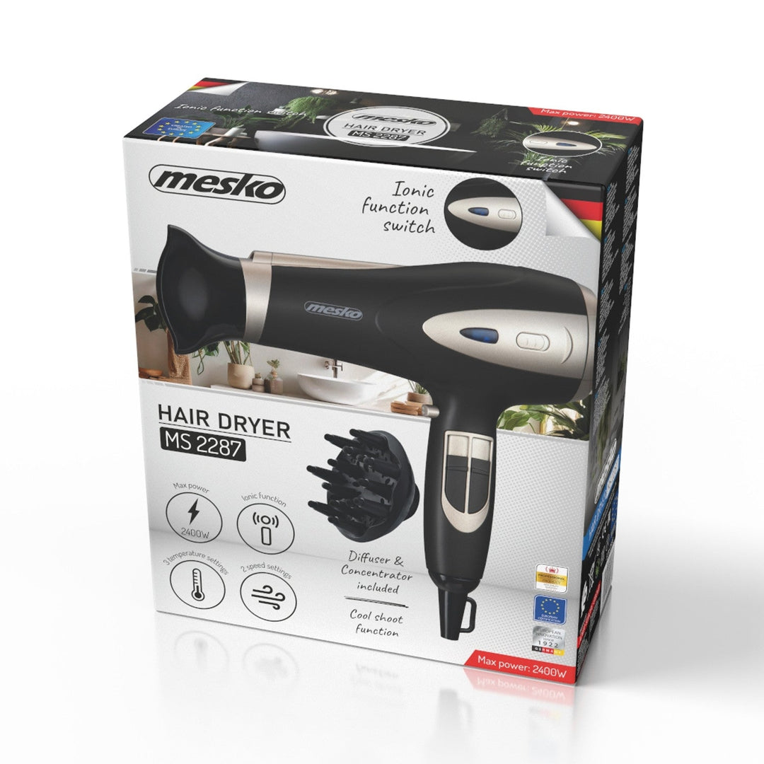Mesko hårtørrer, ioniseringsfunktion, diffusor, effekt 2200 W, sort, MS 2287