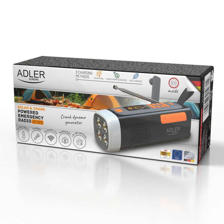 Adler nødradio med solcellepanel, håndsving og powerbank, Bluetooth 5.0, 4W LED-lommelygte, 4500 mAh, AD 1920