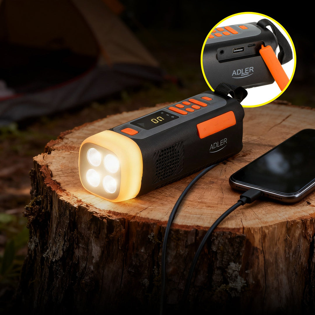 Adler nødradio med solcellepanel, håndsving og powerbank, Bluetooth 5.0, 4W LED-lommelygte, 4500 mAh, AD 1920
