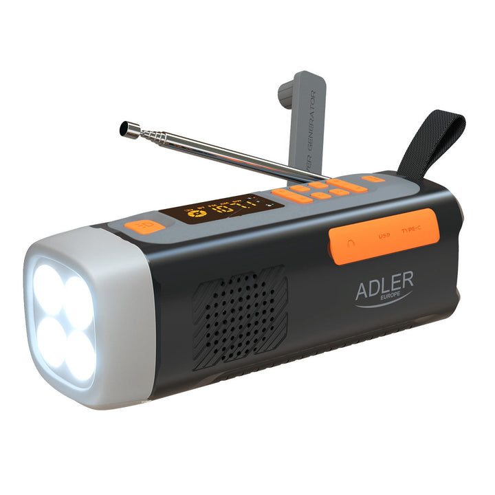 Adler nødradio med solcellepanel, håndsving og powerbank, Bluetooth 5.0, 4W LED-lommelygte, 4500 mAh, AD 1920