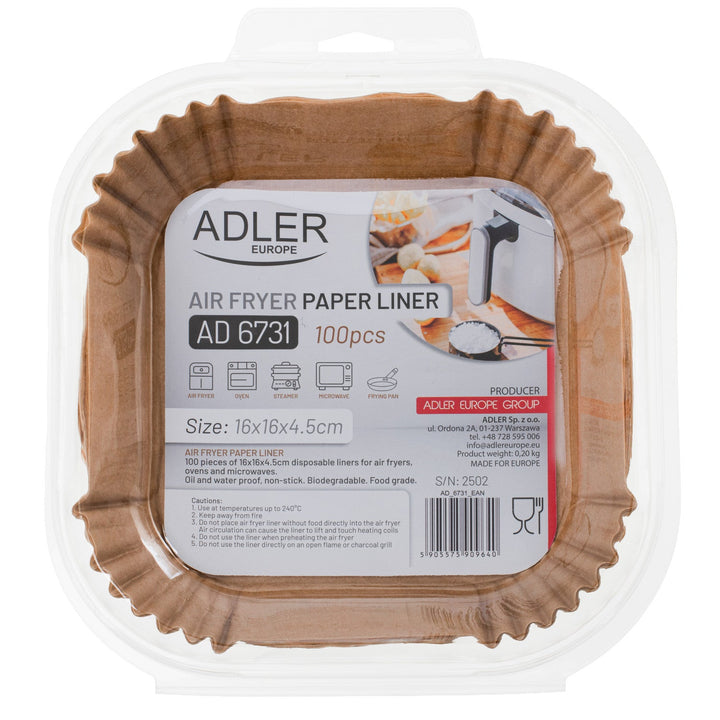 Papirindsatser til frituregryde, airfryer, Adler, 16 cm, op til 240 °C, biologisk nedbrydelige, 100 stk., AD 6731