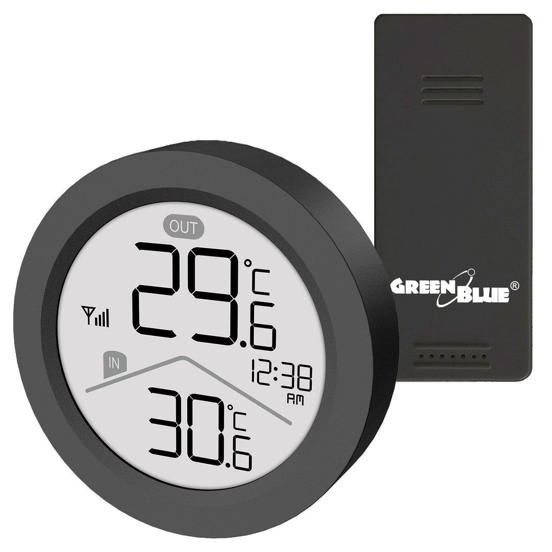 GreenBlue trådløs vejrstation, indendørs/udendørs temperatur, ur, valg mellem °C og °F, rækkevidde op til 60 m, sort, GB162 B