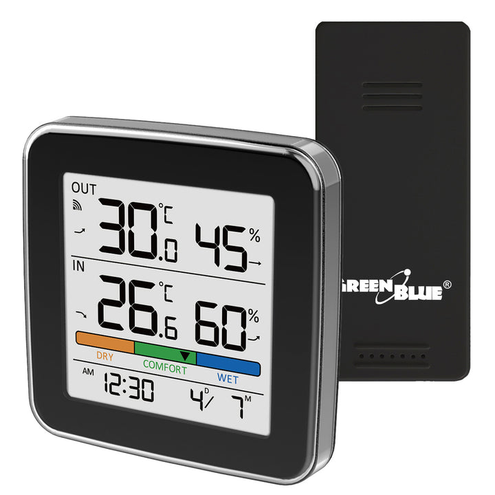GreenBlue trådløs vejrstation, temperatur + luftfugtighed IN/OUT, ur + alarm + dato, °C / °F, op til 60 m, sort, GB169 B