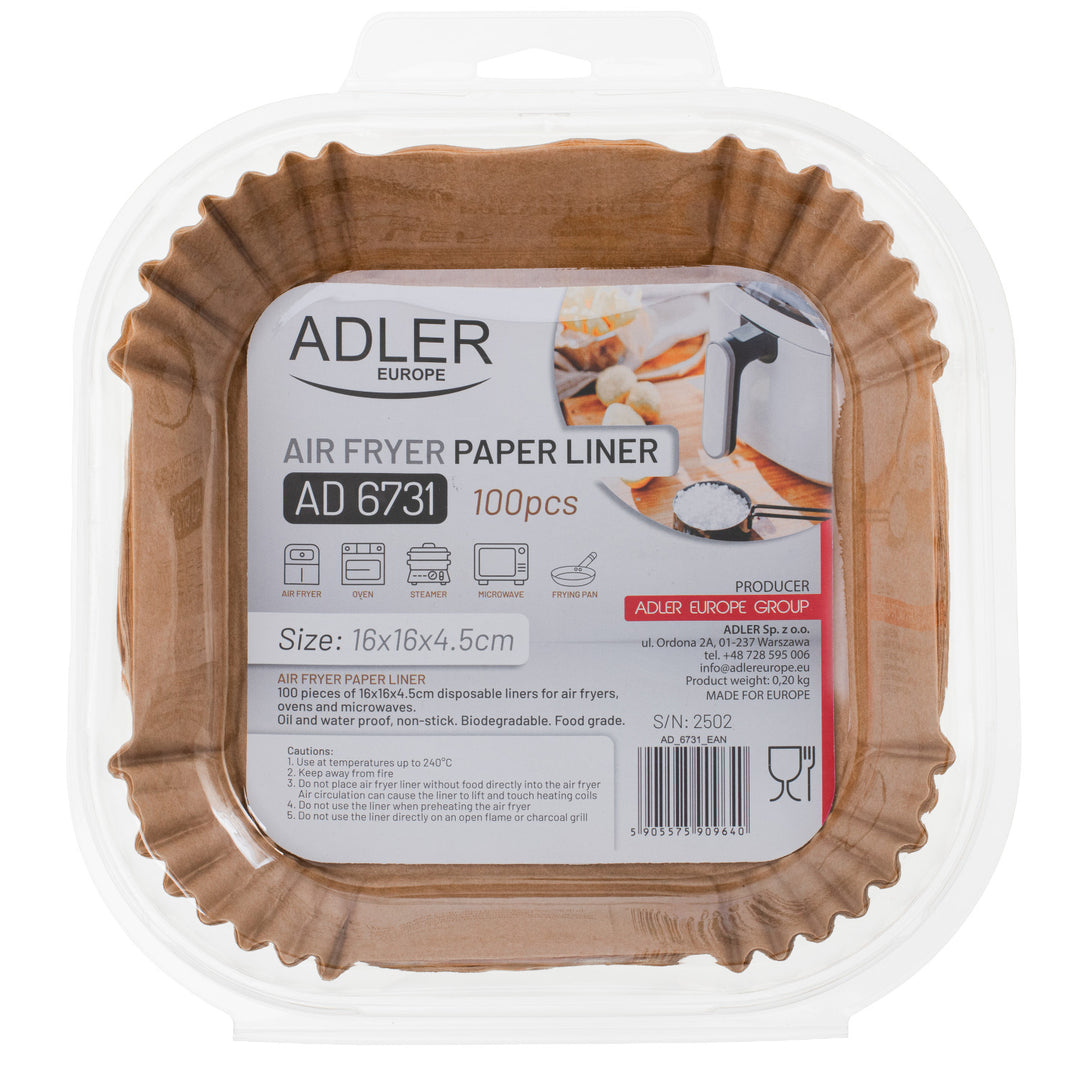 Papirindsatser til frituregryde, airfryer, Adler, 16 cm, op til 240 °C, biologisk nedbrydelige, 500 stk., AD 6731