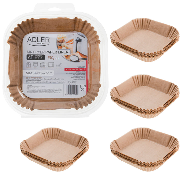 Papirindsatser til frituregryde, airfryer, Adler, 16 cm, op til 240 °C, biologisk nedbrydelige, 500 stk., AD 6731
