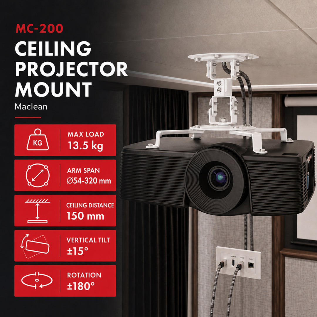 Loftsholder/ophæng til Maclean-projektor, 54–320 mm, op til 13,5 kg, 360 graders rotation, MC-200 W
