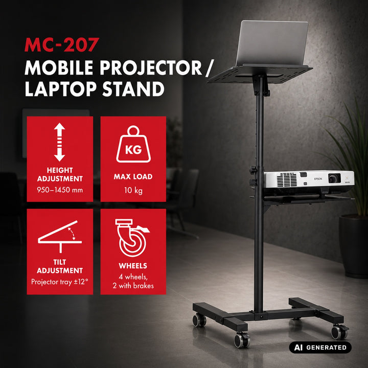 Maclean mobil bord til projektor/bærbar computer, justerbart, stål, maks. 10 kg, MC-207