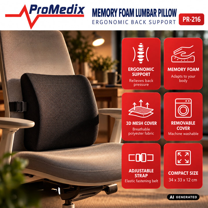 Promedix-lændepude af formhukommelsesskum, 34x31x12 cm, skumdensitet: 50D, PR-216