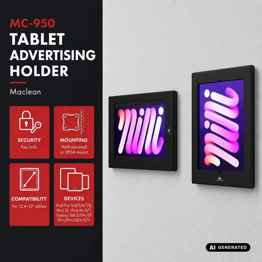 Maclean-reklameholder til tablet, med lås, 12,4"-13", iPad Air/Pro, Samsung Tab S10+/S9+/S8+/S7+, 257x350x22 mm, MC-950 B