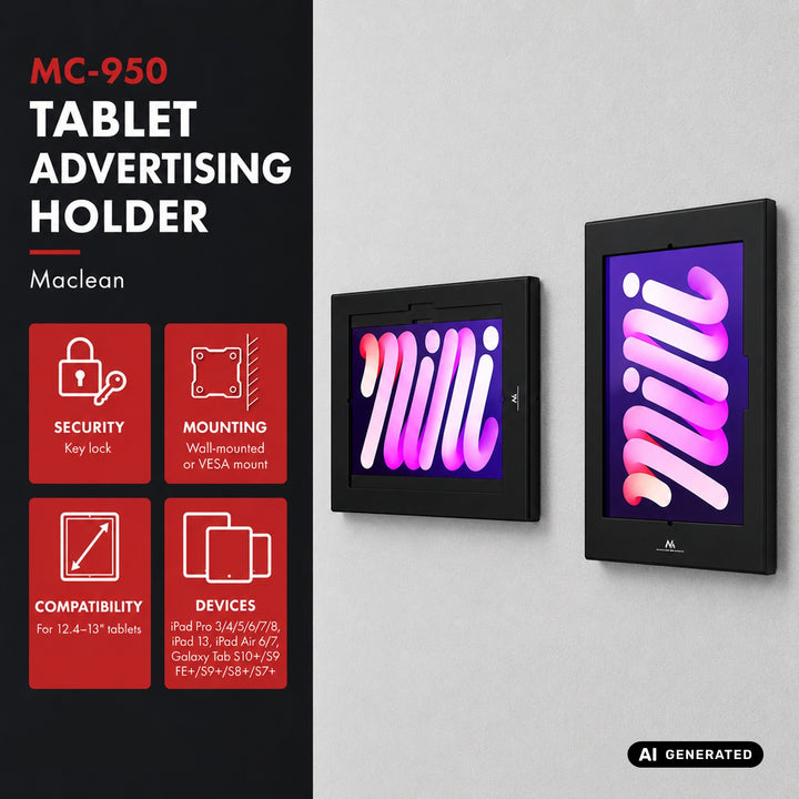 Maclean-reklameholder til tablet, med lås, 12,4"-13", iPad Air/Pro, Samsung Tab S10+/S9+/S8+/S7+, 257x350x22 mm, MC-950 B