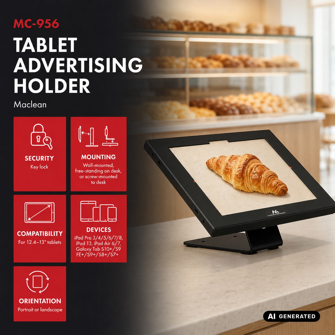 Maclean-tabletholder med låsemekanisme, 12,4"-13", iPad Air/Pro, Samsung Tab S10+/S9+/S8+/S7+, 257 x 350 x 22 mm, MC-956 B