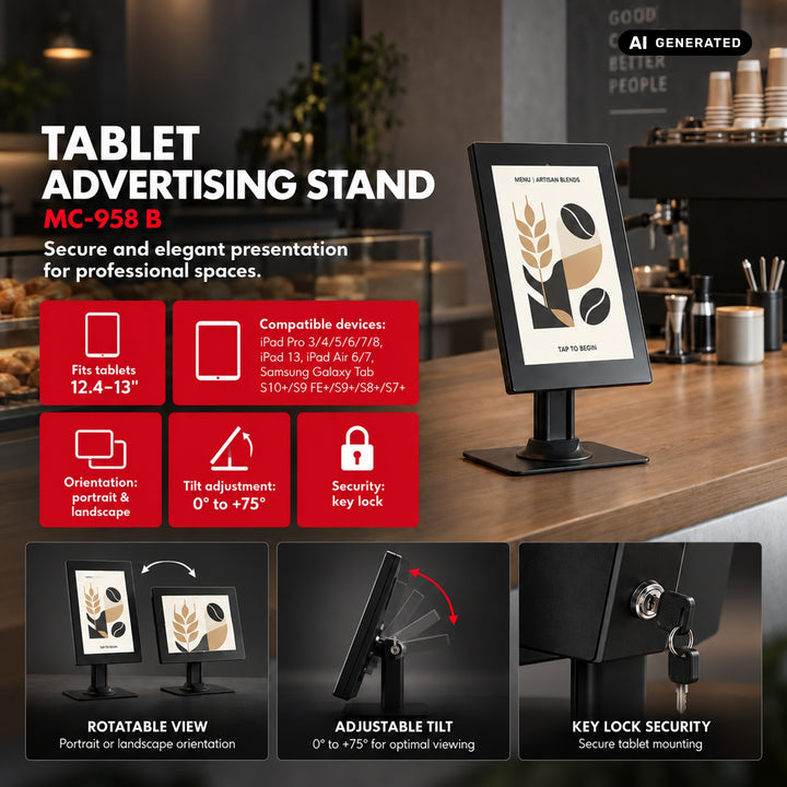 Maclean-tabletholder med lås. 12,4"-13", iPad Air/Pro, Samsung Tab S10+/S9+/S8+/S7+, 257x350x22 mm, MC-958 B